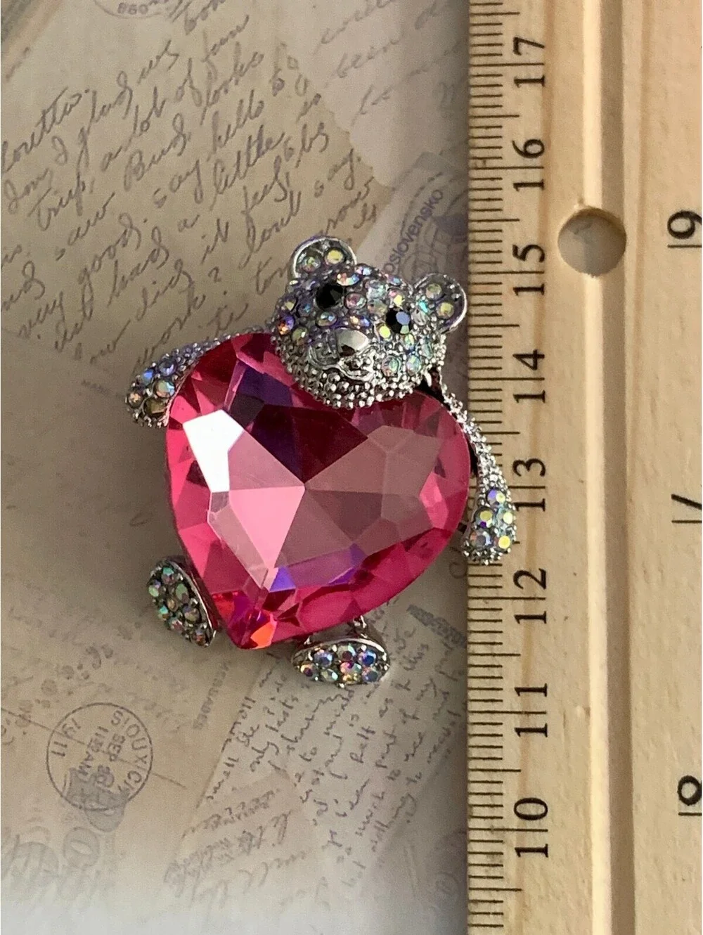 Sparkling Pink Heart Teddy Bear Brooch with Rhinestone Details